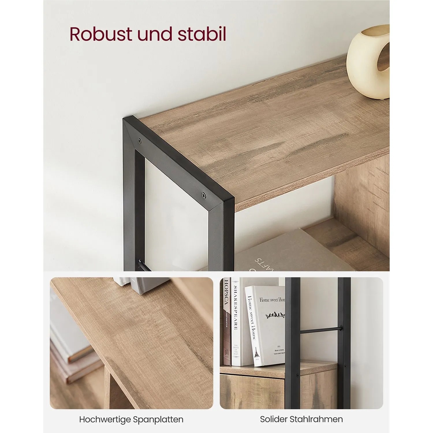 Vasagle Bücherregal, 4 Ebenen, braun-schwarz, mit Stahlrahmen und geschlossenem Fach. Bücher und Deko.