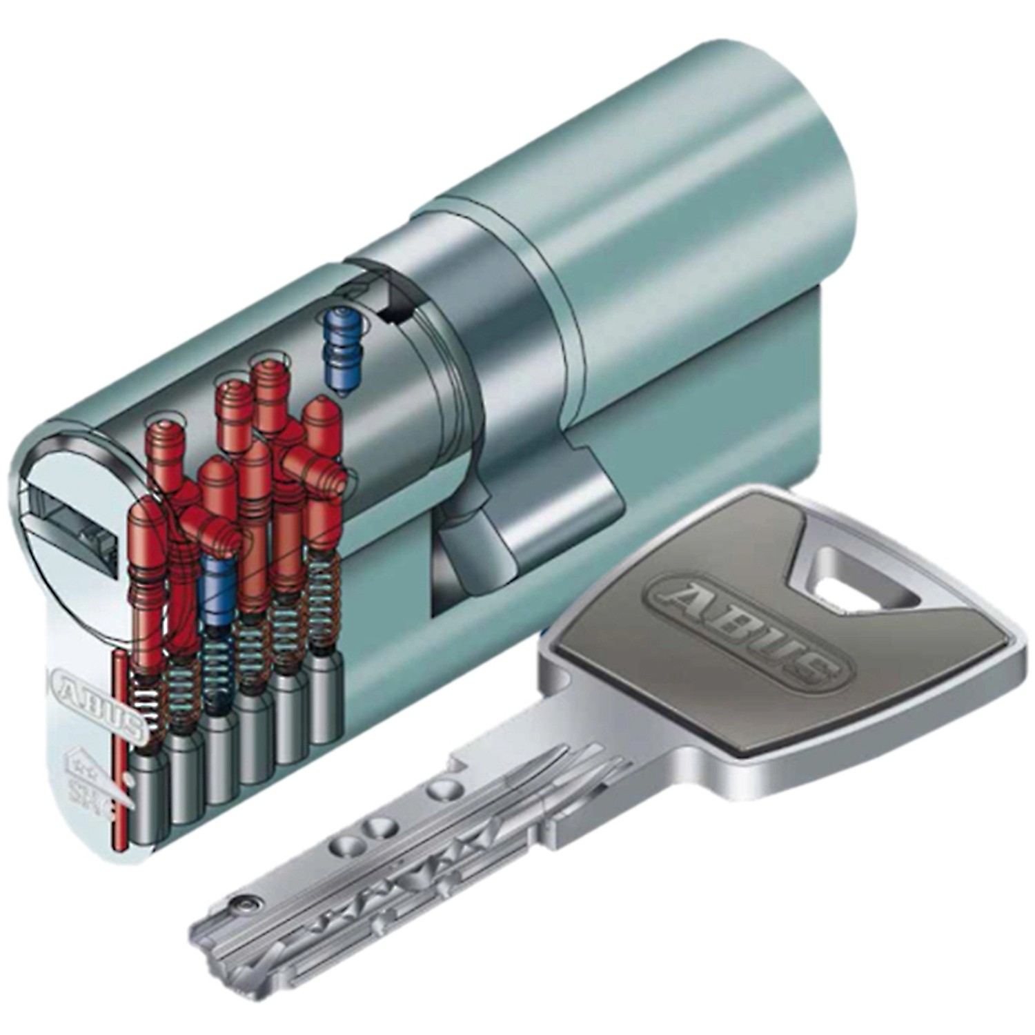 Abus XP20S Türzylinder 30/40 mit Schlüssel, Schnittansicht der Schließmechanik.