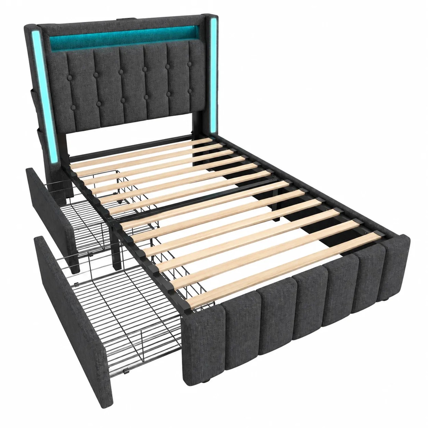 okwish Jugendbett 90x200cm mit USB LED Schubladen Jugendzimmer Grau ohne Matratze