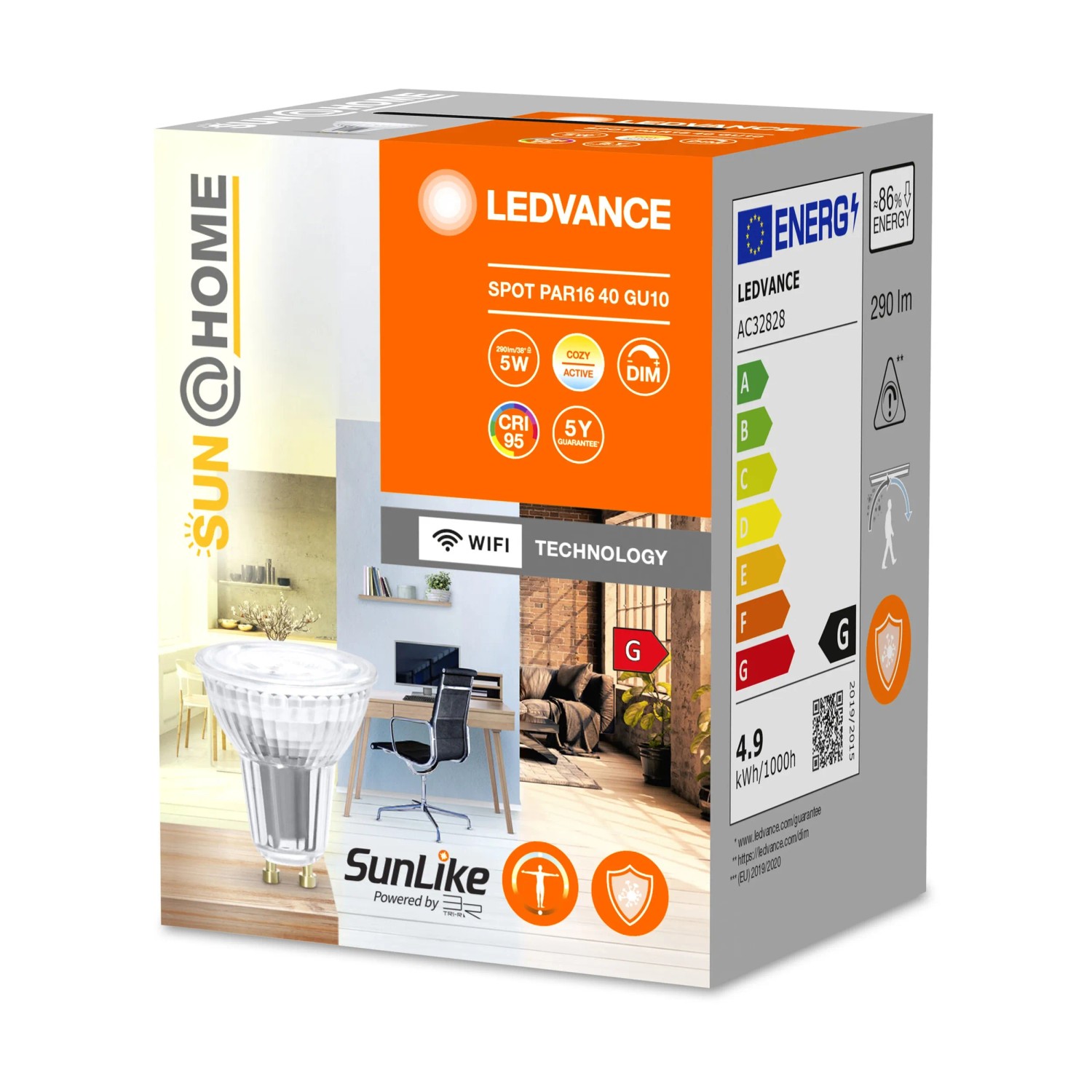 Ledvance Sun@Home LED Reflektor PAR16, klares Leuchtmittel in Produktverpackung.