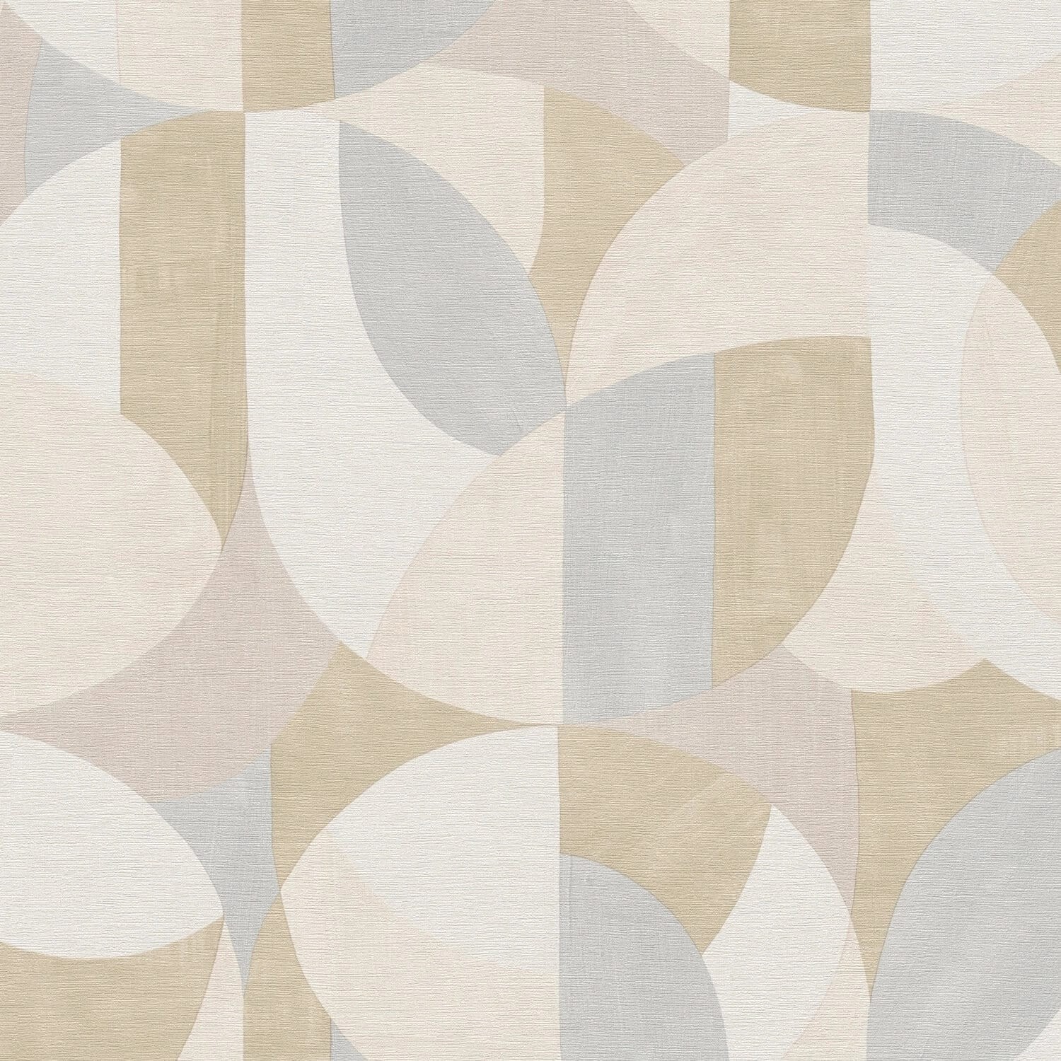 Grafische Retro-Tapete in Grau, Creme-Weiß und Beige. Matte Oberfläche mit leicht strukturierter Optik.