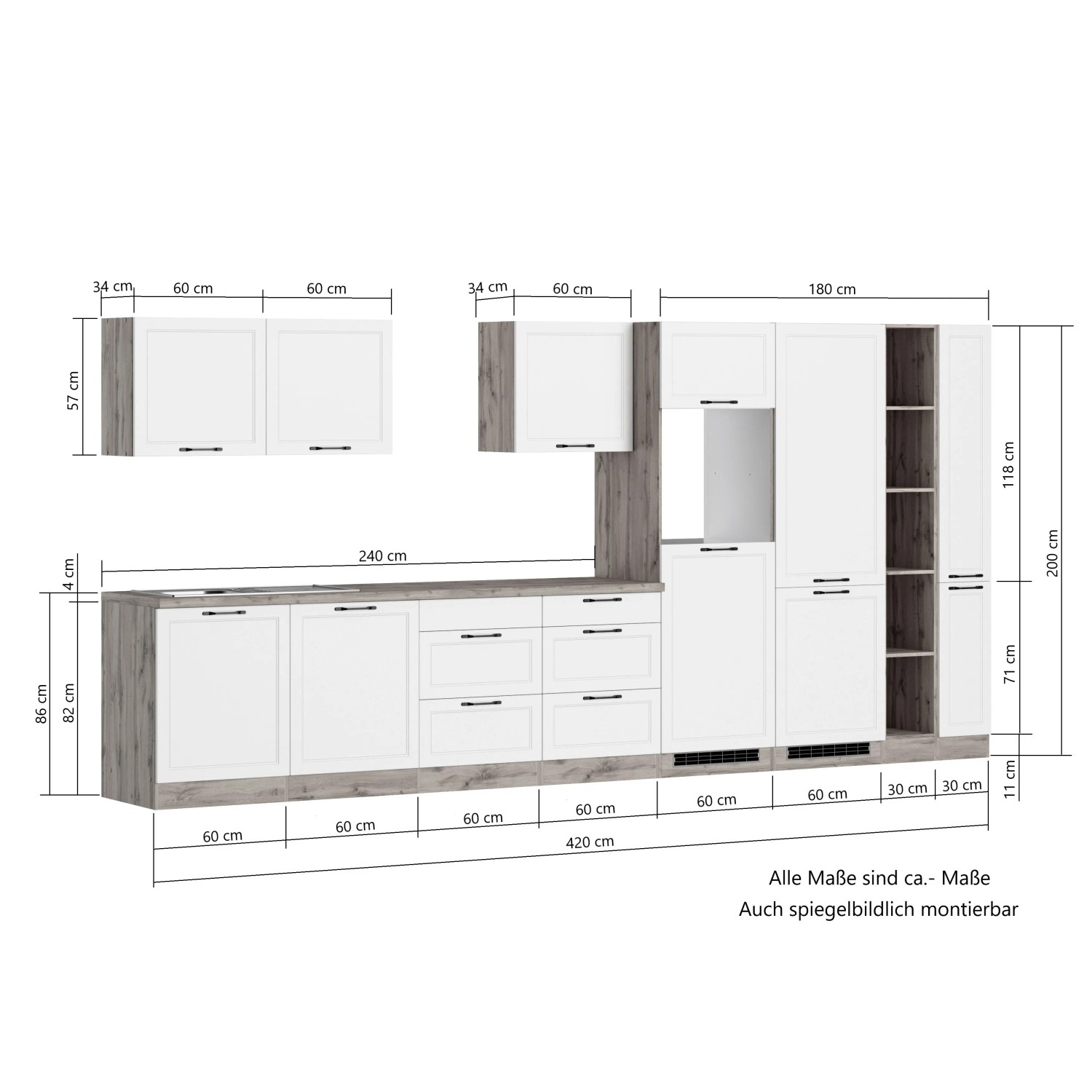 Küchenzeile Kempten 420 cm, weiß/Wotan Dekor, mit E-Geräten. Einbauküche mit Spüle, Herd, Backofen, Geschirrspüler und Kühl-/Gefrierkombi.