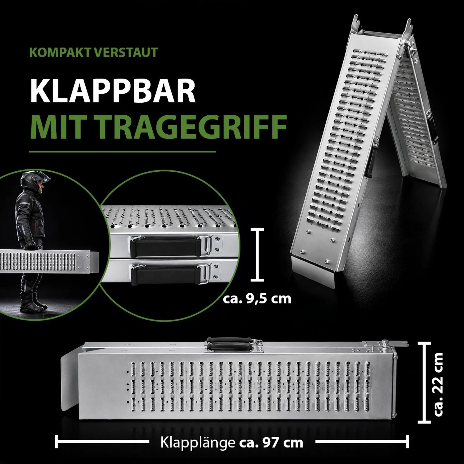 Graue, klappbare Stahl-Auffahrrampe mit geriffelter Oberfläche und Tragegriff, kompakt verstaut. Für Autoanhänger.