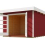 Offenes, rot lasiertes Weka Holz-Gartenhaus mit Flachdach und Doppeltür.