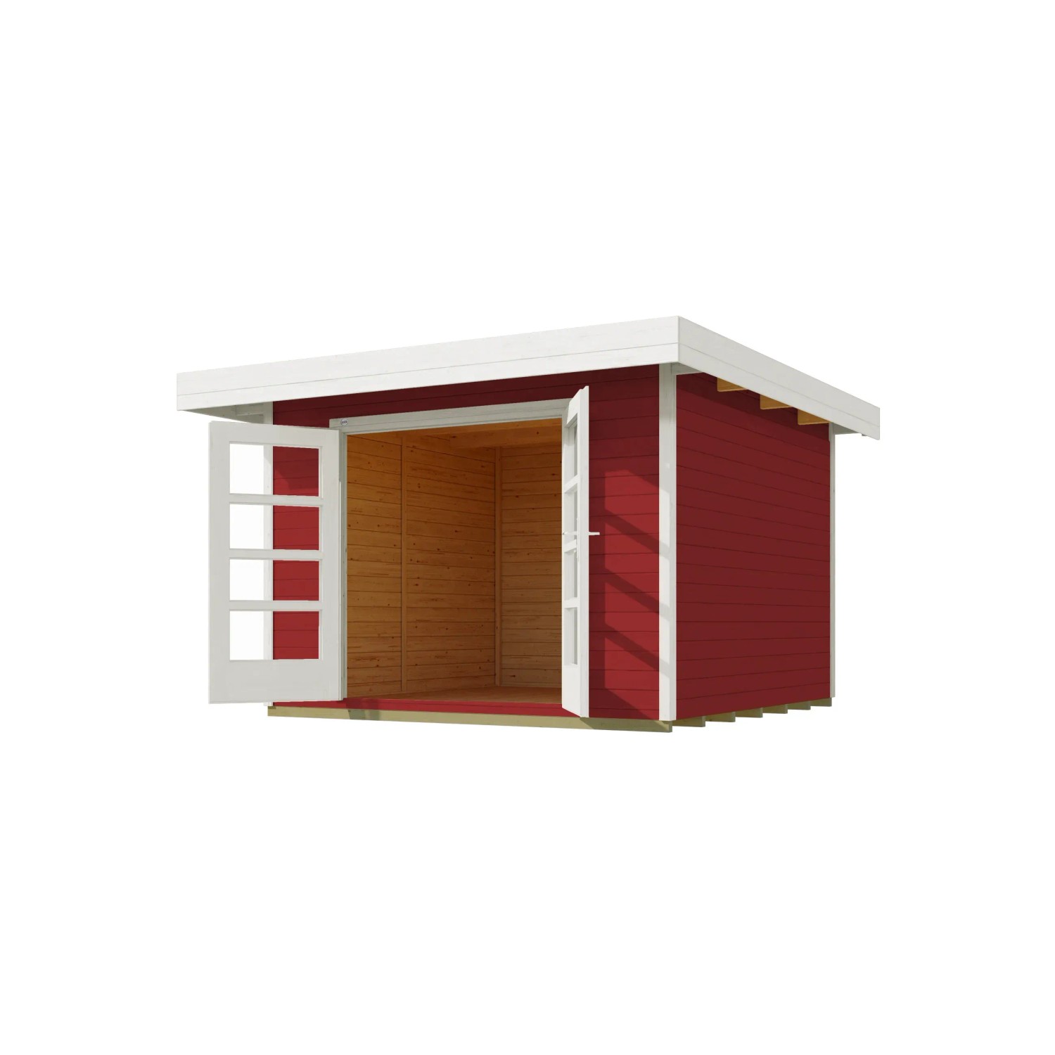 Offenes, rot lasiertes Weka Holz-Gartenhaus mit Flachdach und Doppeltür.