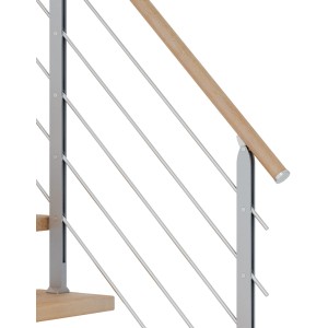 Detailansicht Dolle Mittelholmtreppe Hamburg: Geländer mit Holzhandlauf und Edelstahlstäben.