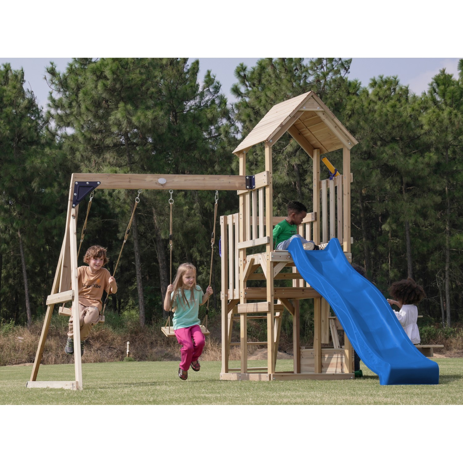 Axi Spielturm Mette mit Doppelschaukel Braun und Rutsche Blau FSC®