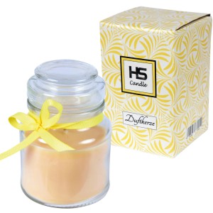 HS Candle Duftkerze Vanille im Glas mit gelber Schleife, neben gelbem Karton.