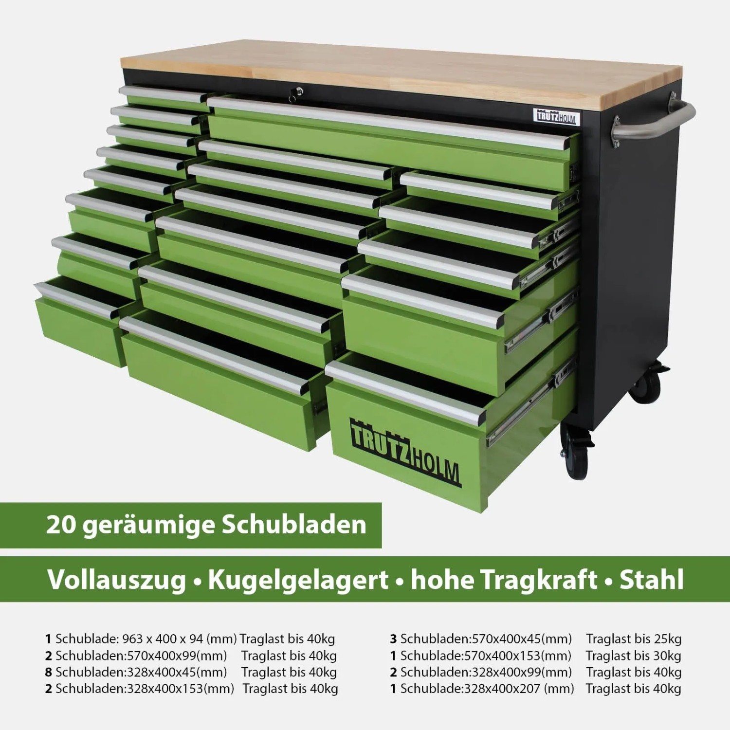 TRUTZHOLM Werkstattwagen Deluxe XXL, grün, mit 20 Schubladen, Hartholz-Arbeitsplatte und Rollen. Ideal für Werkzeuge.