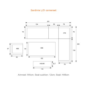 Skizze des Garden Impressions Lounge-Dining Sets Sardinia 5-tlg Light Teaklook mit Maßen.