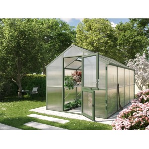 KGT Gewächshaus Tannengrün 10 m² mit geöffneter Tür im Garten.