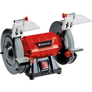 Einhell Doppelschleifer TC-BG 150: Roter Doppelschleifer mit zwei Schleifscheiben und Funkenschutz.