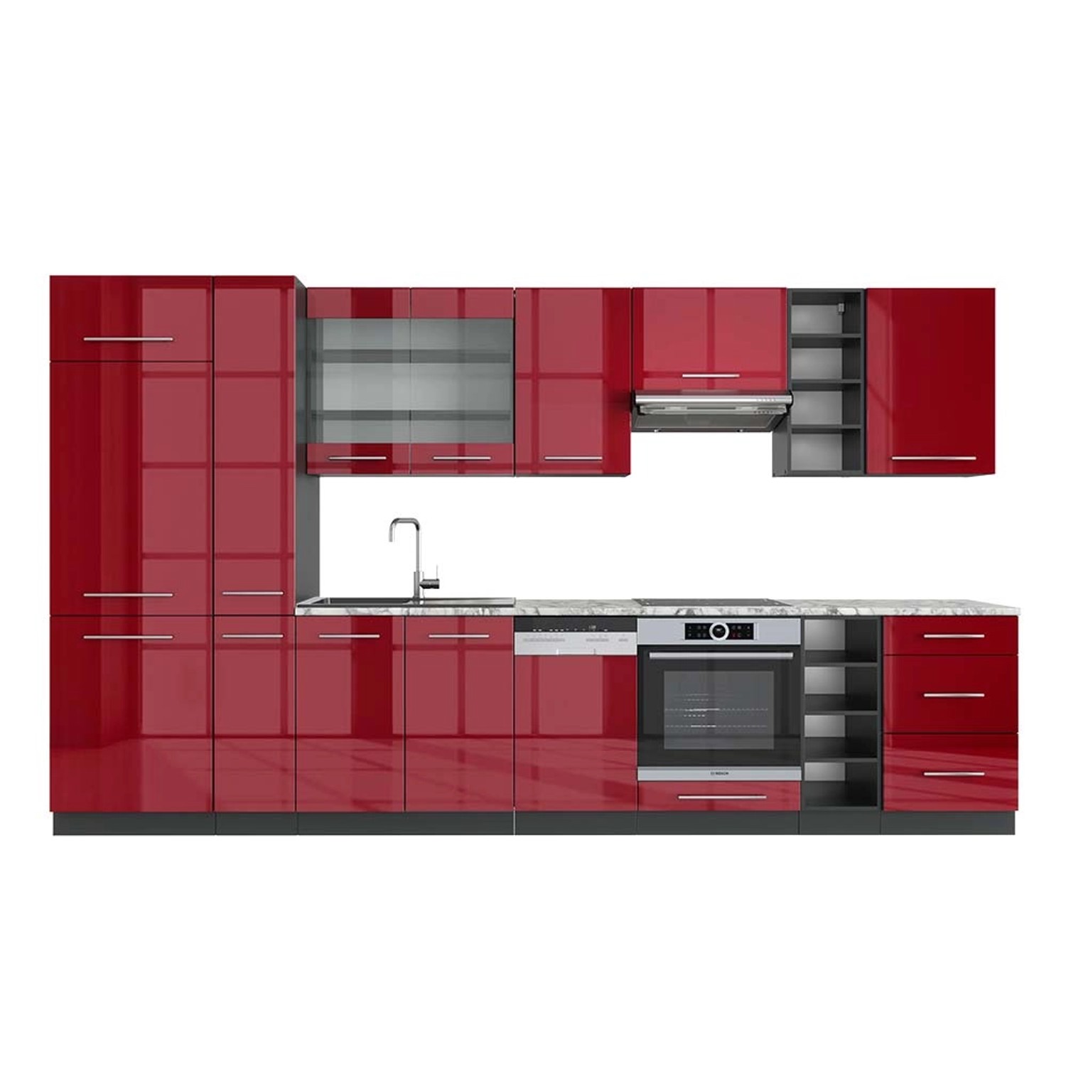Vicco Fame-Line Küchenzeile Bordeaux Hochglanz/Anthrazit 355 cm AP Marmor günstig online kaufen