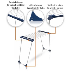 BigDean Wäscheständer Jumbo, weiß, ausziehbar, 28m Trockenlänge, Details zu Leinen und Rollen.