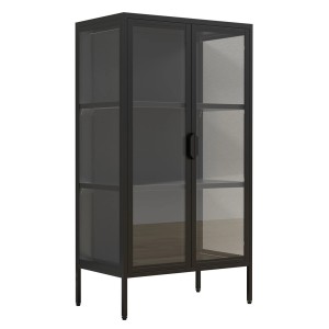 Schwarzer ebuy24 FlokaM Vitrinenschrank mit 2 Glastüren und Regalböden.