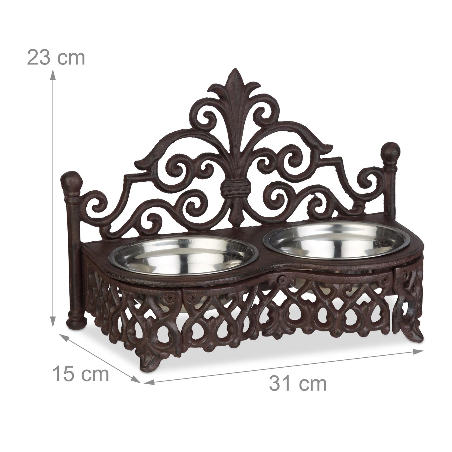 Relaxdays Futterbar Gusseisen Edelstahl Dunkelbraun Silber Rutschfest 23 cm x 31 cm x 15 cm 2,7 kg_4