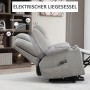 Elektrischer Aufstehsessel, hellgrau, mit Relaxfunktion und seitlicher Tasche.