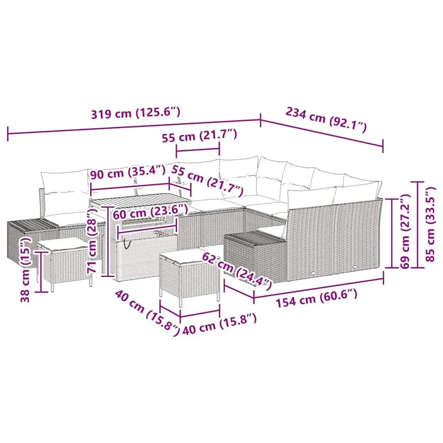 vidaXL Gartenmöbel-Set, 12-teilig, schwarz, Poly Rattan, mit Sofa, Sesseln, Hockern und Tisch. Abmessungen siehe Bild.