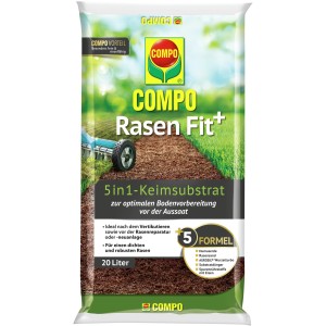 Sack Compo Rasen Fit+ Rasenerde, 20 l, mit Anwendungsbeispiel Vertikutierer.