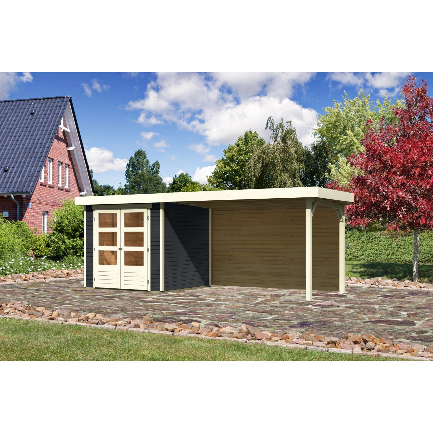 Karibu Gartenhaus Boras 2 Anthrazit 468 cm x 217 cm mit Anbaudach und Rückw günstig online kaufen