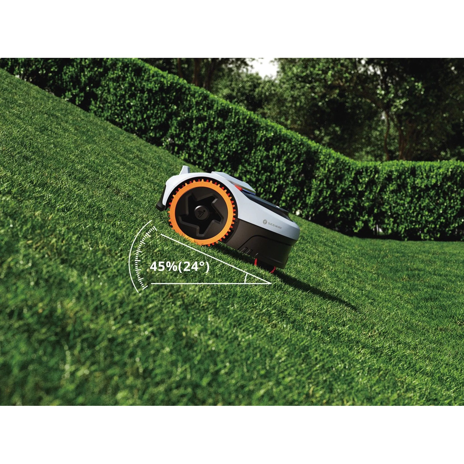 Segway Navimow i206E AWD Mähroboter auf Hang mit 45% Steigung. Ideal für Gärten bis 600 m².