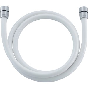 Weißer Duschschlauch, 150 cm lang, mit silberfarbenen Anschlüssen.