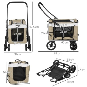 PawHut Hundewagen in Khaki: Faltbarer Hundeanhänger mit Maßen und Details.