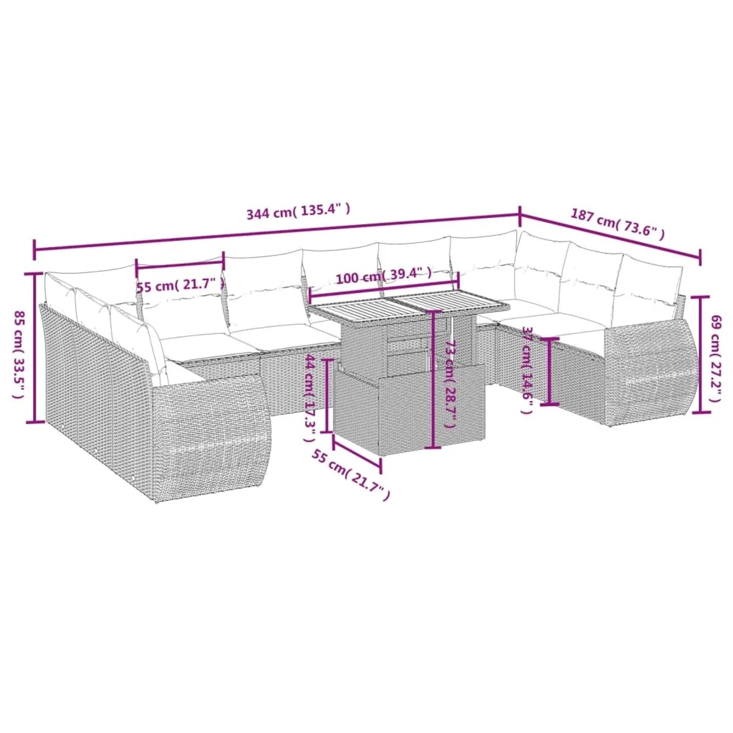 Graue 11-tlg. vidaXL Garten-Sofagarnitur aus Polyrattan mit Tisch und Kissen.
