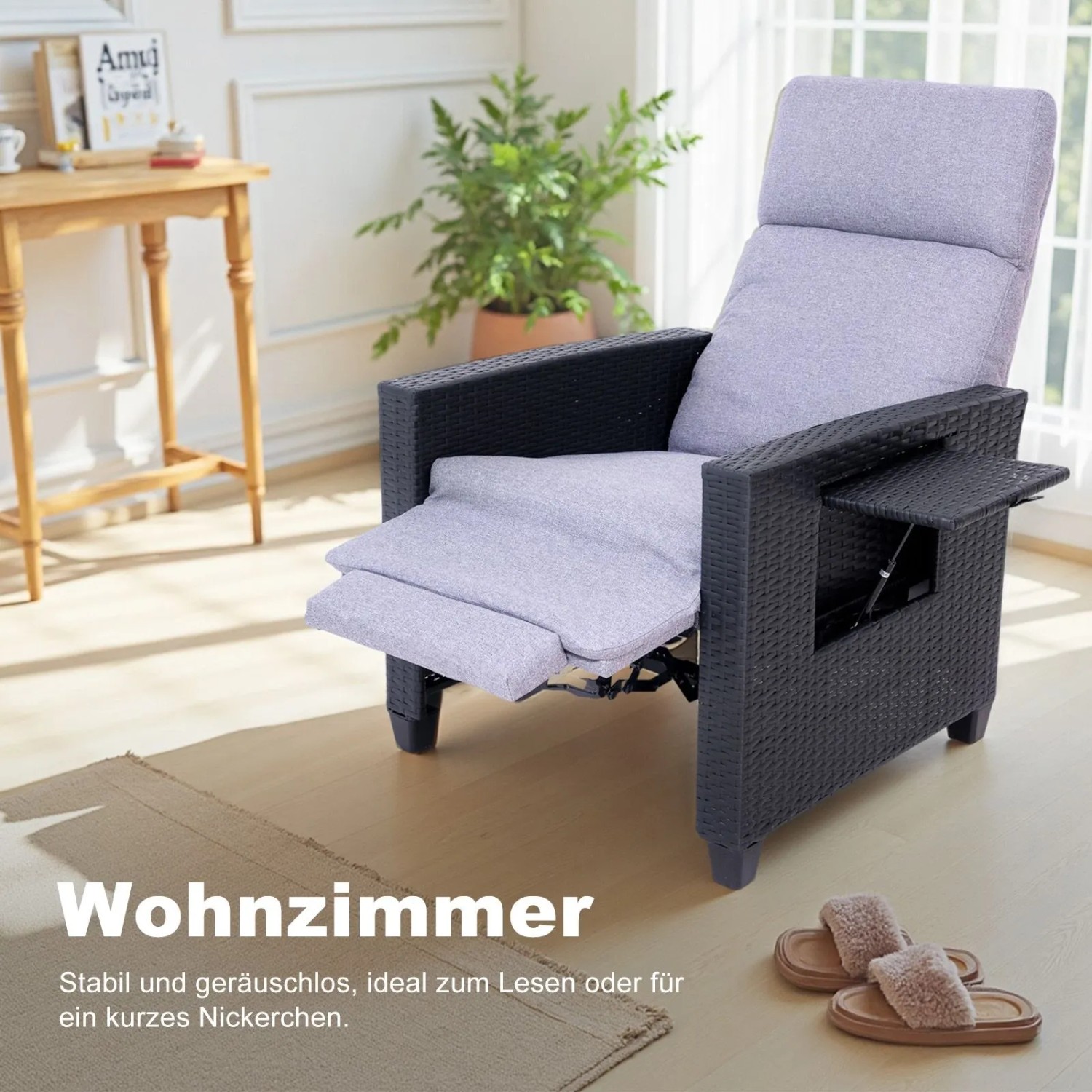 HOMAVO Gartensessel Rattansessel mit verstellbarer Lehne und Seitentisch
