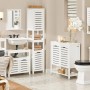 SoBuy Wäscheschrank BZR67-W, weißes Badmöbel-Set mit Lamellentür und ausklappbarem Wäschesack.