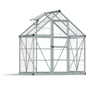 Palram Canopia Gewächshaus, 2,3 m², silber, mit Fundamentrahmen, Tür und Dachfenster.