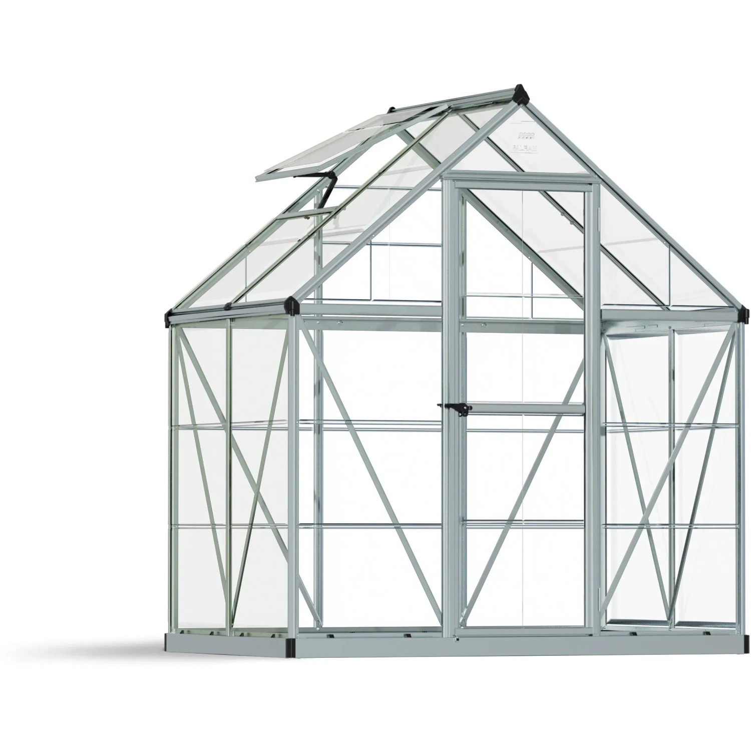 Palram Canopia Gewächshaus, 2,3 m², silber, mit Fundamentrahmen, Tür und Dachfenster.