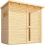 Bertilo Gartenhaus Pentus 1 aus naturbelassenem Holz mit Fenster und Tür.