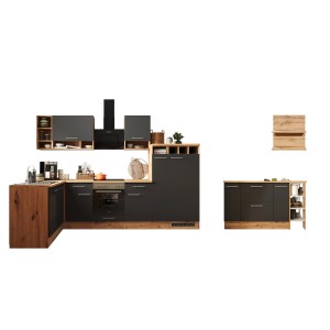 Respekta Winkelküche Hilde 310x172 cm in Grau mit Kücheninsel und Elektrogeräten.