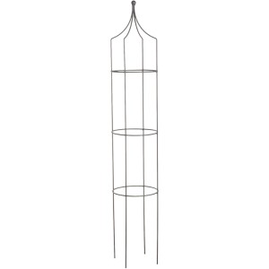 Graue Rankhilfe Obelisk aus Metall, 142 cm hoch, mit Kugelspitze für Kletterpflanzen.