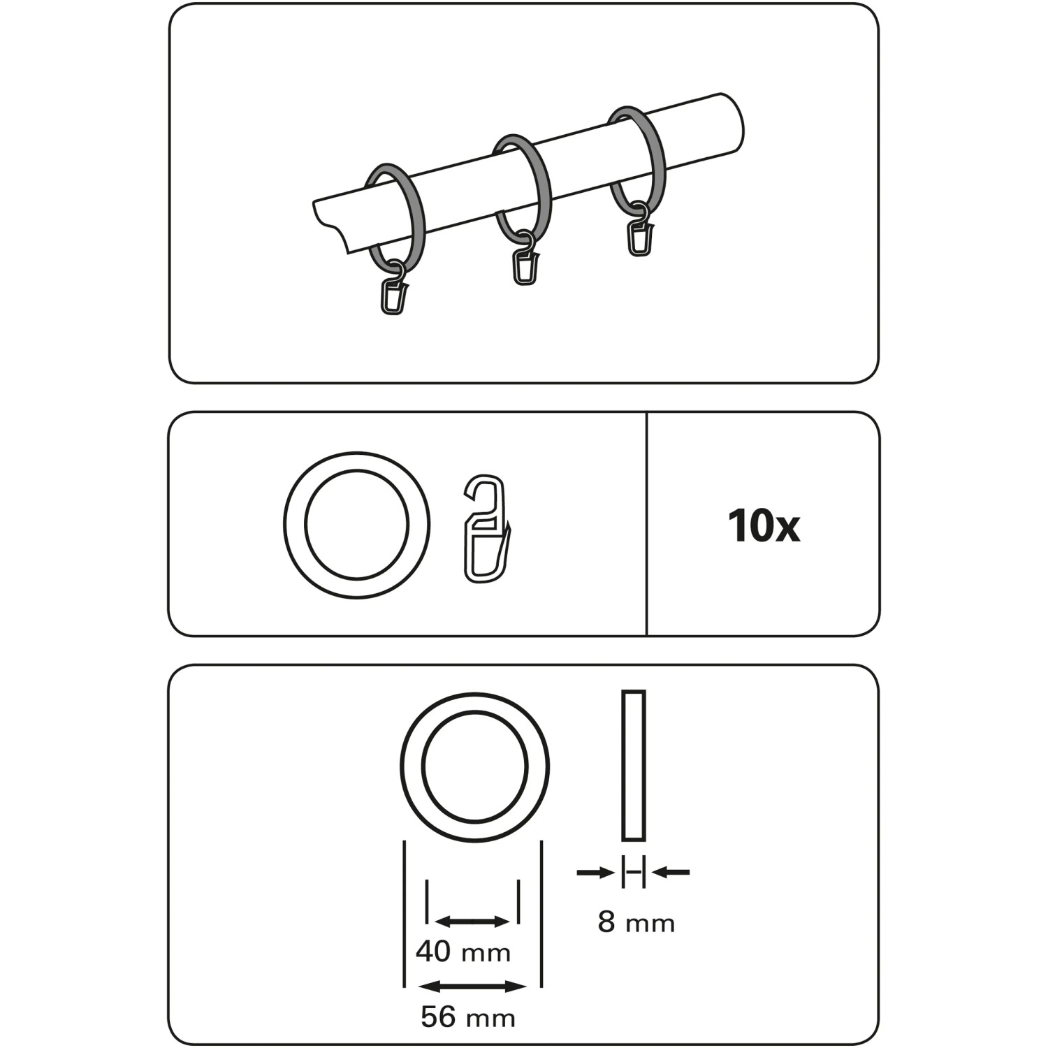 Gardinia Ringe Bifo, 10er-Pack, weiße Kunststoffringe zur Befestigung von Vorhängen an Stilgarnituren.