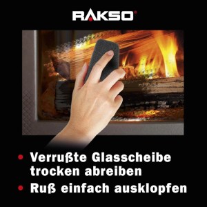 RAKSO Kaminscheibenreiniger Schwamm im Einsatz am Kaminofen.