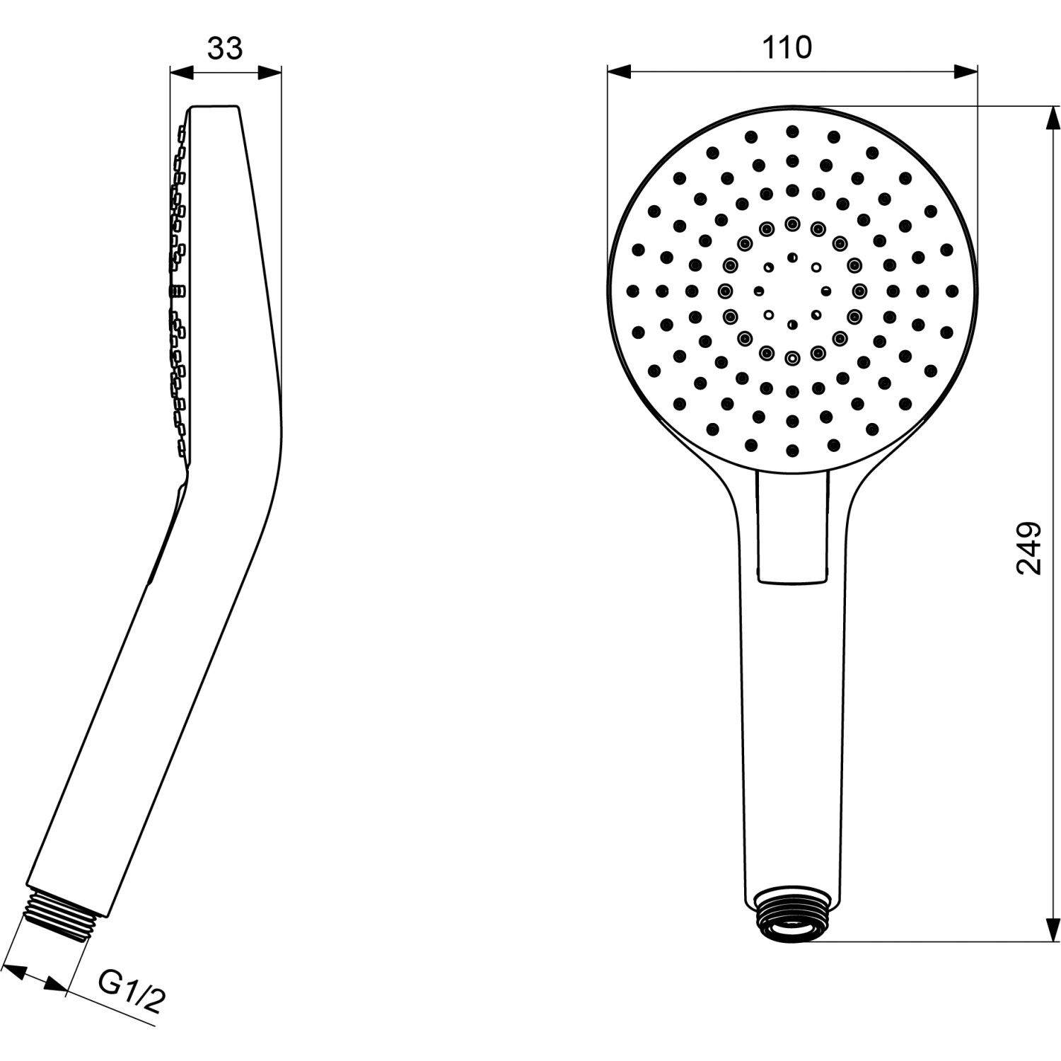 Technische Zeichnung: Ideal Standard Idealrain Evo Handbrause, rund, Ø110mm, Chrom, mit Maßen.