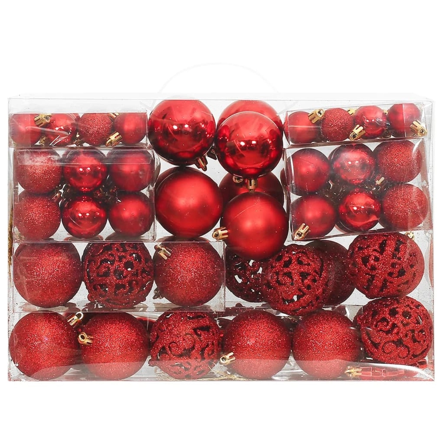 111-teiliges Weihnachtskugel-Set in Rot mit verschiedenen Designs und Größen.