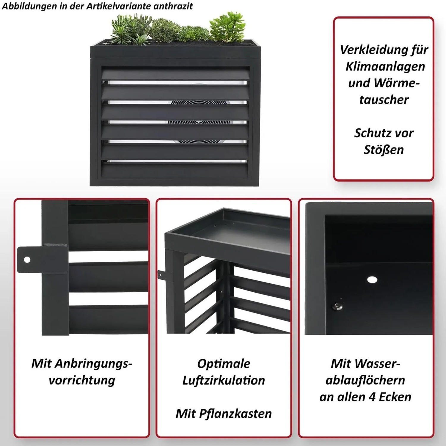 Anthrazitfarbene Metall-Verkleidung für Klimaanlage/Wärmepumpe mit Lamellen, Pflanzkasten und Montagevorrichtung für den Garten.