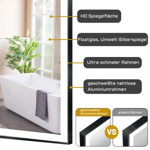 Aica Badspiegel 120x70 cm mit LED-Beleuchtung und schwarzem Aluminiumrahmen.