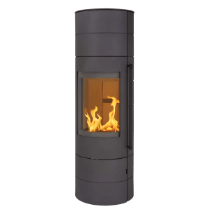 H&M Germany Kaminofen EVO 3.0 XL Stahl-Titan mit Flamme im Brennraum.