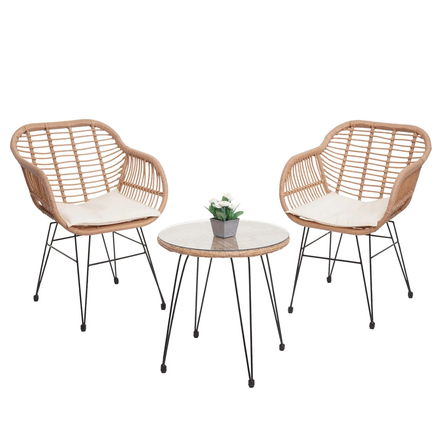 3-teilige Poly-Rattan Lounge-Garnitur in Natur mit creme Kissen. Sessel und Tisch für Garten, Balkon oder Terrasse.