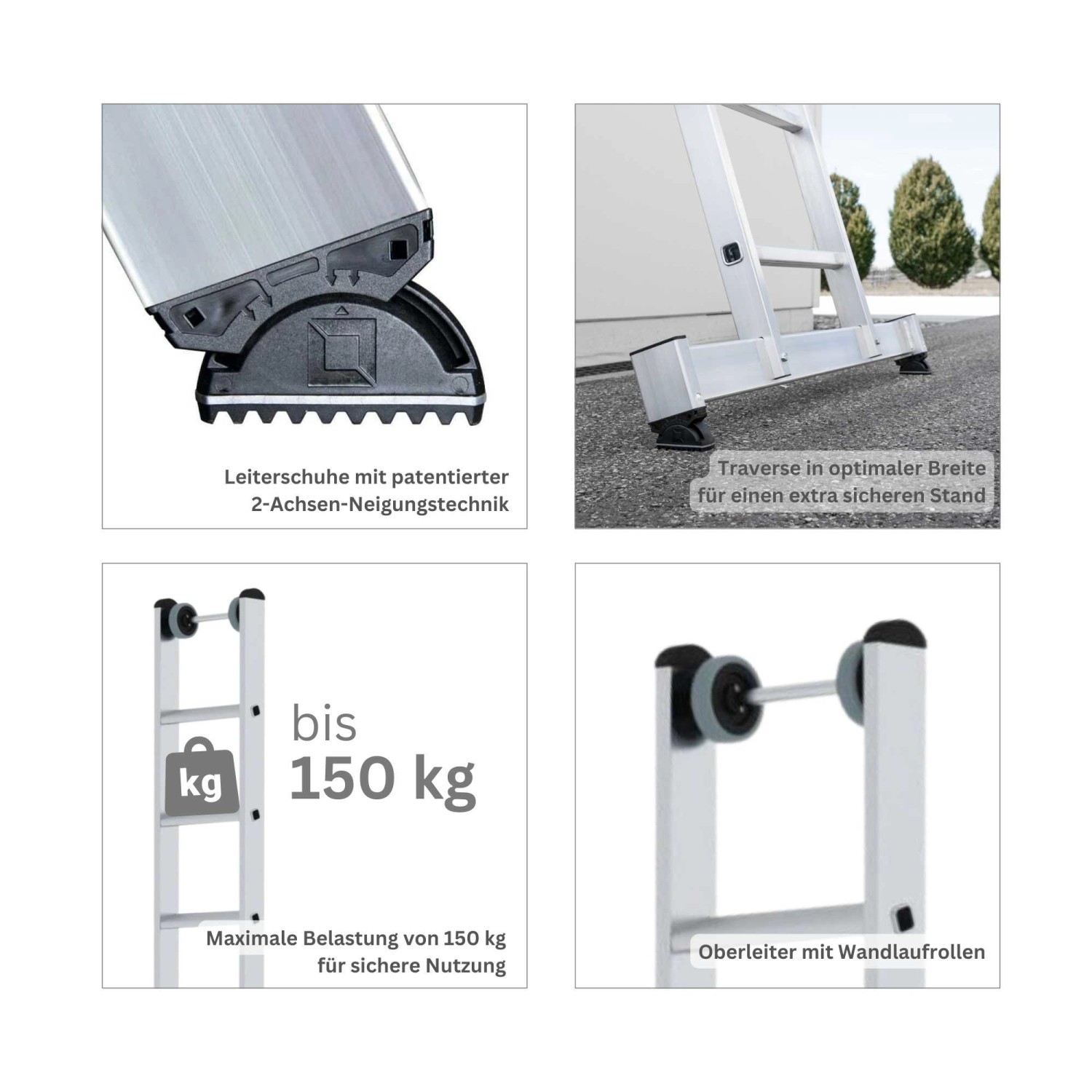 Details der PROREGAL Stufen-Mehrzweckleiter: Leiterfüße, Traverse, Belastbarkeit, Wandlaufrollen.
