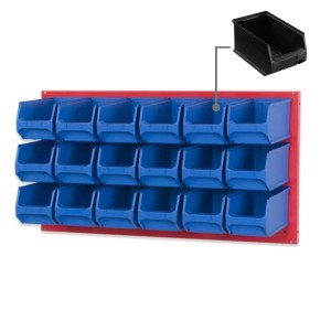 PROREGAL Trägersystem mit 18 blauen Sichtlagerboxen auf roter Systemplatte. Aufbewahrungssystem für Werkstatt und Lager.