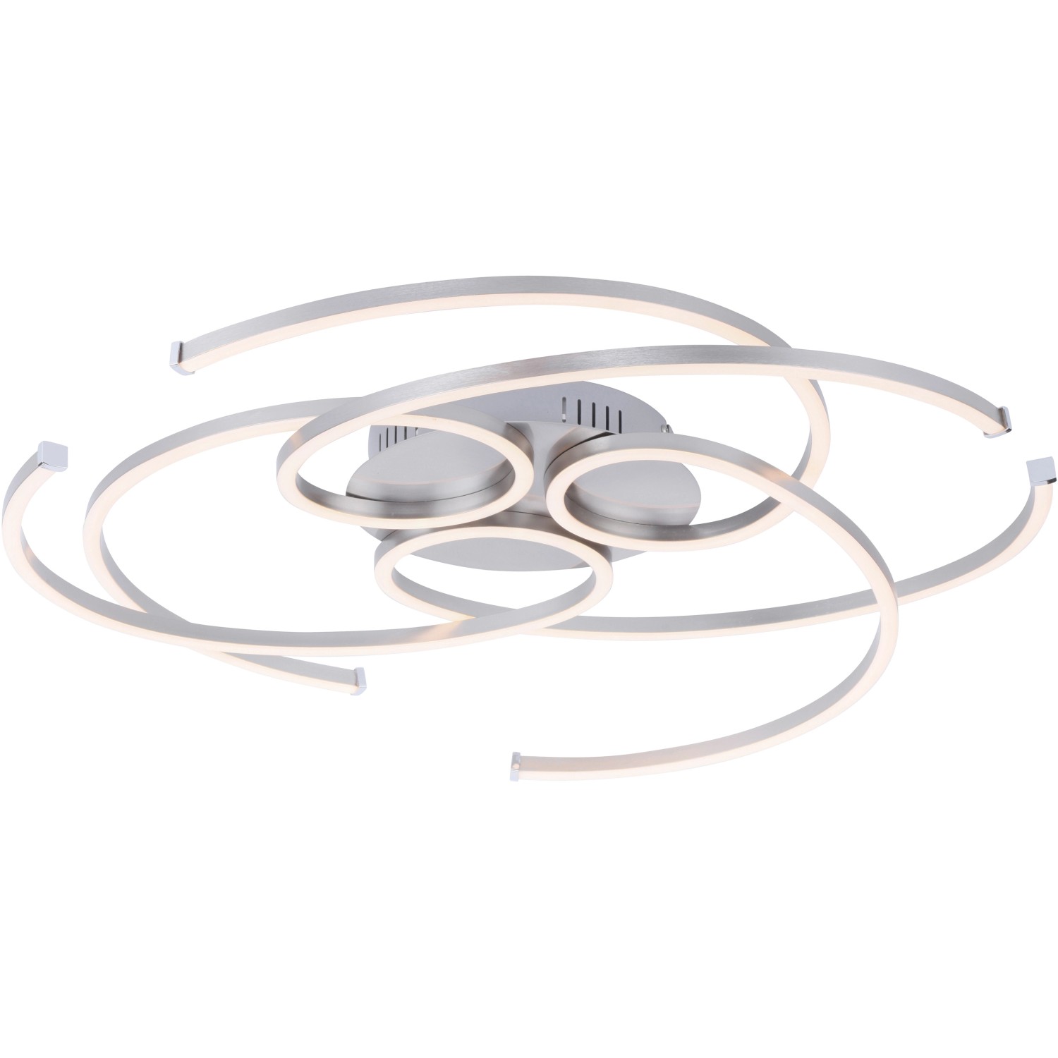 Moderne LED-Deckenleuchte Danilo in Stahl-Optik, 70x63cm, mit geschwungenen Leuchtelementen.