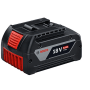 Schwarzer Bosch Professional Akkupack GBA 18 V/5 Ah mit roten Akzenten, Lithium-Ionen für Elektrowerkzeuge.