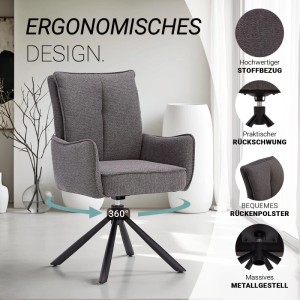 Anthrazitfarbener Polsterstuhl mit Stoffbezug, 360° drehbar auf schwarzen Metallfüßen. Ergonomischer Esszimmer-Drehstuhl im 6er Set.