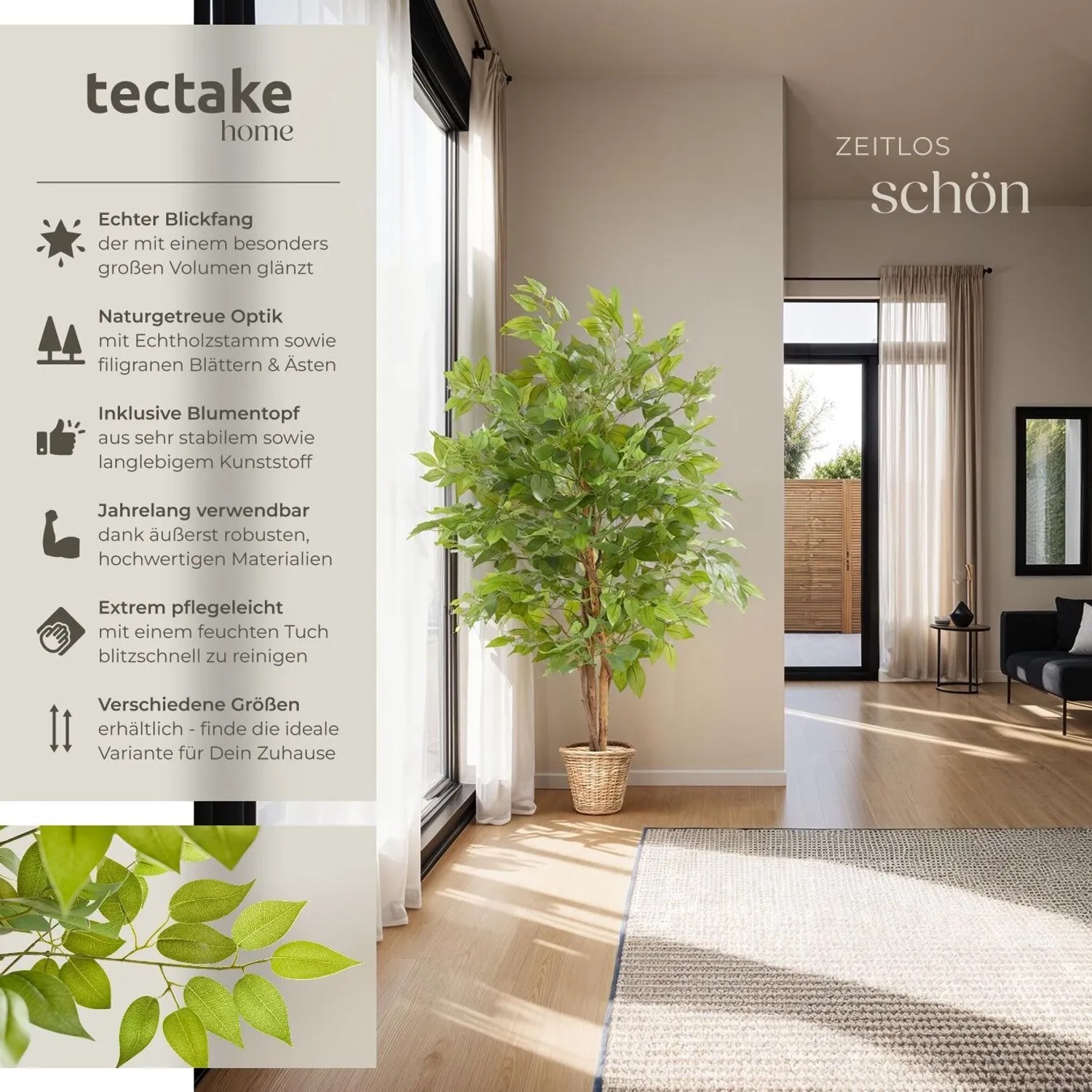 Tectake Künstlicher Ficusbaum Fida Verschiedene Größen Detailliert und Naturgetreu  70 x 70 x 120 cm Grün_2