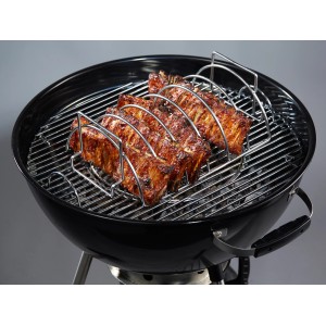 Jamestown Bratenkorb mit Spareribs im Halter auf Grill, Edelstahl.